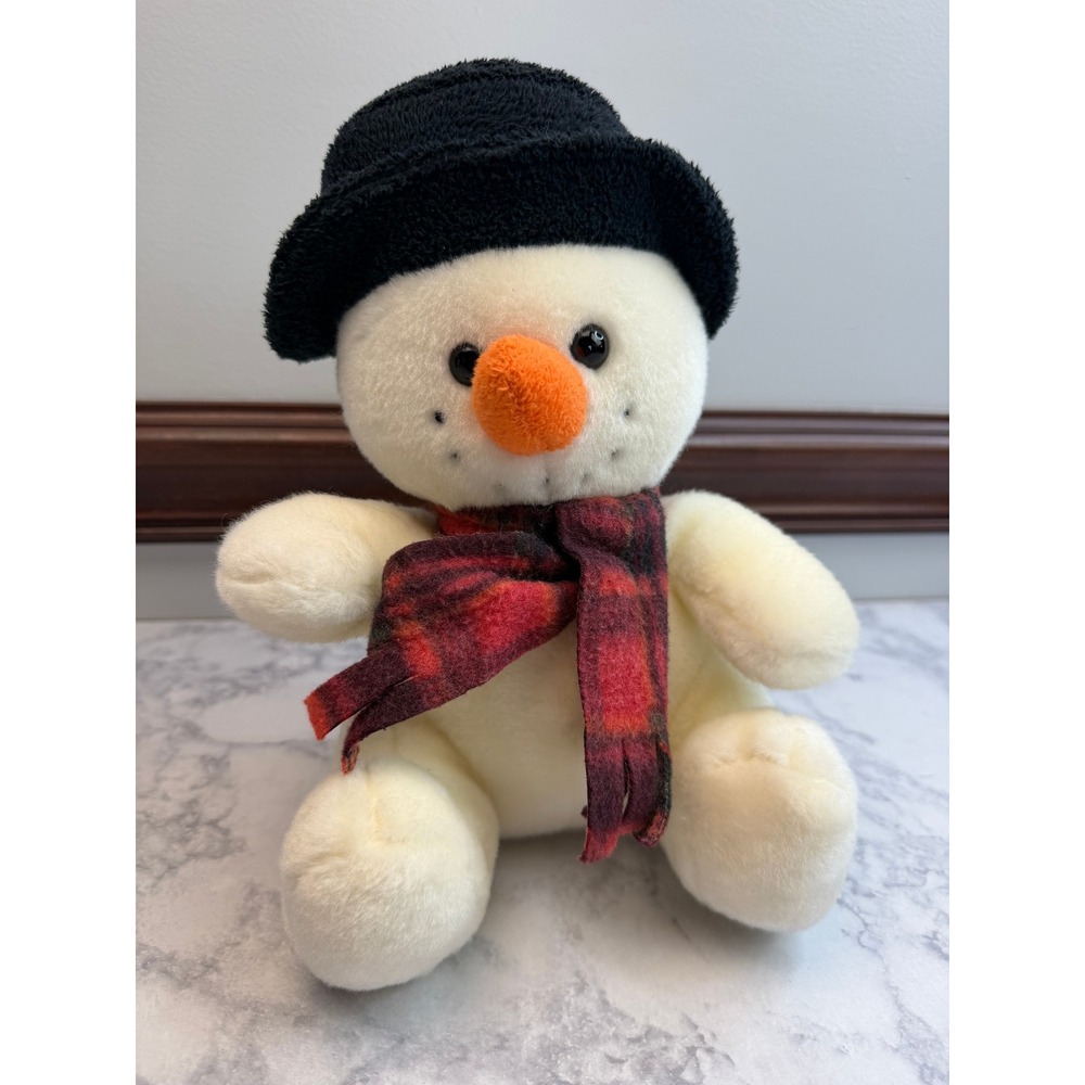 Build a Bear Holiday Pals Snowman Plush Black Top Hat Red Plaid Scarf 8.5 Inch - Picture 1 of 12